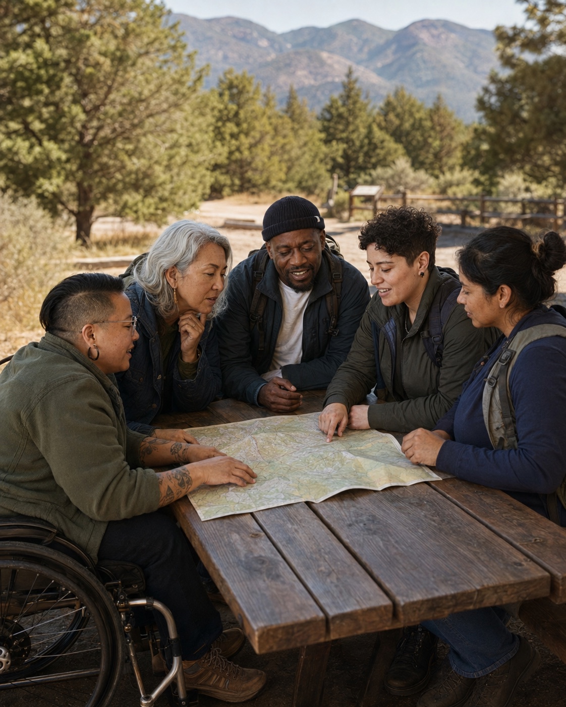 A small group planning a hike around a map at an accessible trailhead picnic table