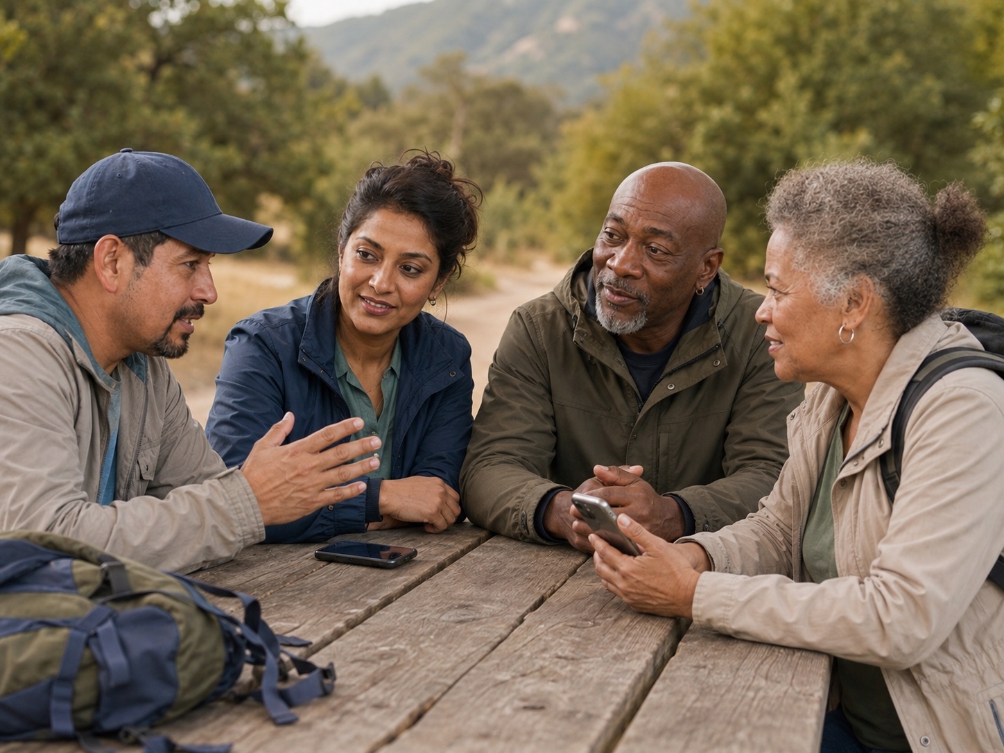 Four companions practicing with phones at a picnic table near a trailhead