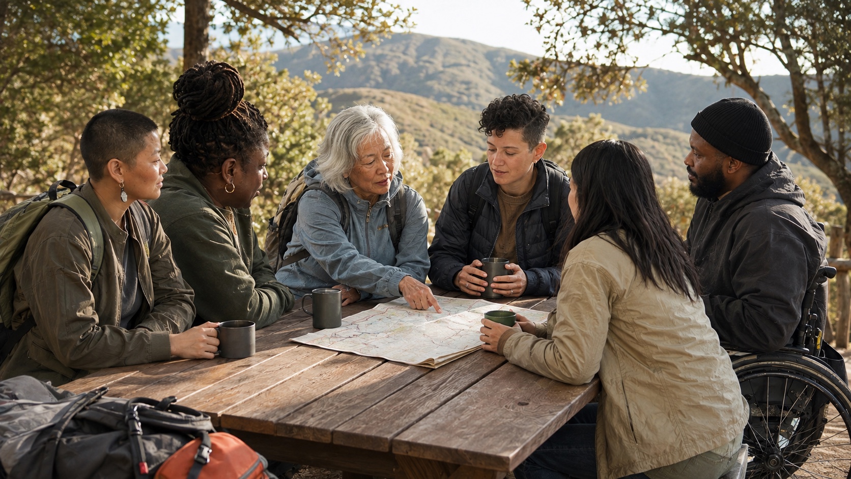 A hiking club sharing route ideas around a trailhead picnic table, with mountains behind them